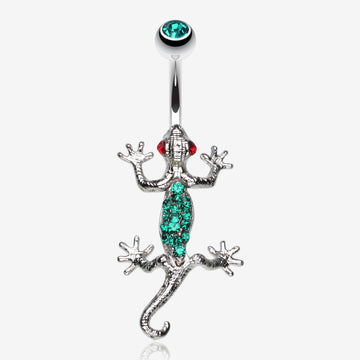 Moving Gecko Lizard Sparkle Belly Ring-Green